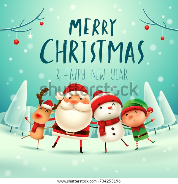 聖降誕祭お目出とう！クリスマスの友達おめでとう。クリスマスの雪のシーンにサンタクロース、スノーマン、トナカイ、エルフ。