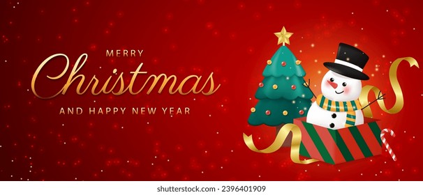 Merry Christmas and Happy Christmas companions. Snowman, candy and Christmas tree in Christmas snow scene on red background. vector illustration..