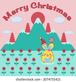 Merry Christmas! Happy cute bunny in red flower garden. Sunrise, mountain and pine tree landscape background.
