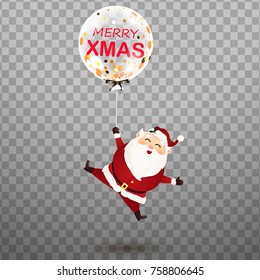 Merry Christmas. Happy, cute Santa Claus with Shine Festive Big transparent realistic helium balloon with confettii isolated. Santa Claus feeling excited isolated.