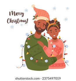Merry Christmas. Happy ethnic black young couple with festive garland. Vector illustration. Cute New Year characters.