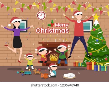 Merry Christmas with a happy family and beautiful christmas tree & nice decoration Illustration
