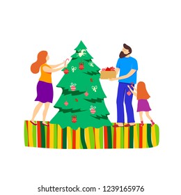 Merry Christmas with a happy family and beautiful christmas tree.Vector illustration.