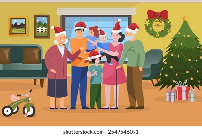 Merry Christmas. Happy Family at home near the Christmas tree. Vector illustration.