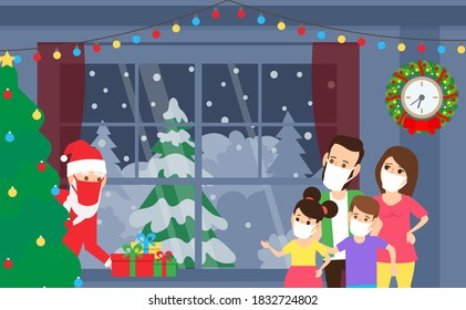 merry christmas happy family and santa claus in face masks during coronavirus pandemic social distancing