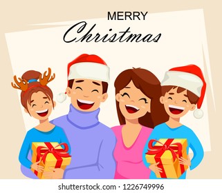 Merry Christmas. Happy family wearing cute hats and celebrating holiday. Usable for greeting card, poster, flyer. Vector illustration