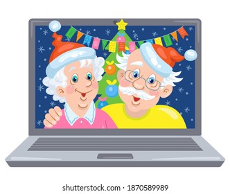 Merry Christmas! Happy grandparents sit hugging each other by the laptop screen. In Santa hats and decorated interior. Online video chat. Internet communication. Vector illustration in cartoon style