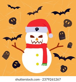 Merry Christmas and happy Halloween, snowman with pumpkin head.