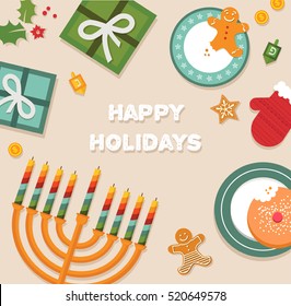 Merry Christmas And Happy Hanukkah Celebration. Vector Illustration