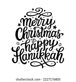 Merry Christmas and happy hanukkah. Hand lettering script text isolated on white background. Vector typography for posters, cards, banners, Christmas decorations