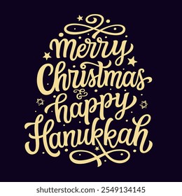 Felices Navidades y feliz Janucá. Texto de escritura dorada con letras a mano aislado sobre fondo negro. Tipografía de Vector para carteles, Anuncios, tarjetas, Navidades y decoraciones de Janucá