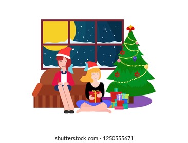 merry christmas and happy holiday. christmas with family. giving gift box with sister in house