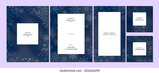 Merry Christmas and Happy Holiday Greeting Cards, social media story, and Poster on blue gradient background and soft white Christmas elements. Elegant Christmas Template designs. Vector Art.