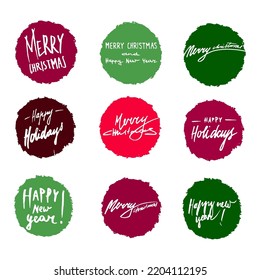 Merry Christmas, Happy Holiday, Happy New Year vector phrases set in a circles. Colorful design elements for patterns, prints, greeting cards, sticker. Collection on white isolated background. 