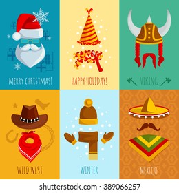 Merry christmas happy holiday viking wild west winter and mexico hats and accessories flat mini posters vector illustration