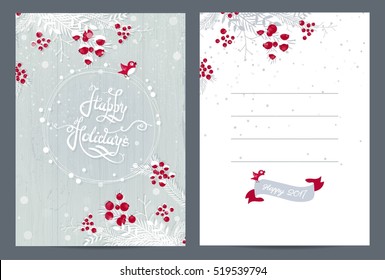 Merry Christmas and Happy Holidays 2017 cute hand drawn postcard. Christmas card poster flyer. Vector illustration