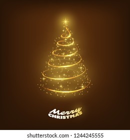 Merry Christmas, Happy Holidays Card - Gold Brown Christmas Tree Shape Made from Bright Spiralling Light 