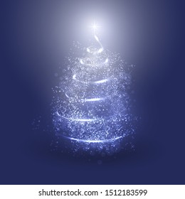 Merry Christmas, Happy Holidays Card -  Christmas Tree Shape Made from Bright Spiraling Light on a Dark Blue and White Background