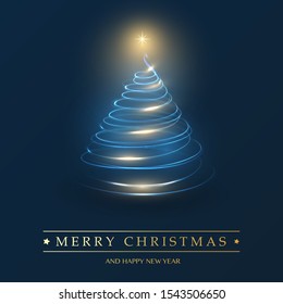 Merry Christmas, Happy Holidays Card - Dark Christmas Tree Shape Made from Glowing Spiraling Light - Bule and Golden