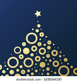 Merry Christmas, Happy Holidays Card - Christmas Tree Shape Made of Golden Circles on a Dark Blue Background 