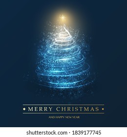 Merry Christmas, Happy Holidays Card - Christmas Tree Shape Made from Bright Spiralling Light on a Dark Blue Background