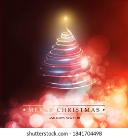Merry Christmas, Happy Holidays Card - Tree Shape Made from Bright Spiralling Light on Red and Golden Background