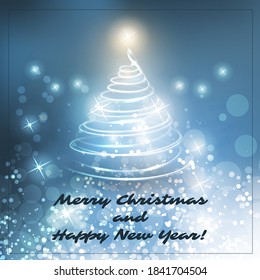 Merry Christmas, Happy Holidays Card - Christmas Tree Shape Made from Bright Spiralling Light on Blue and White Background