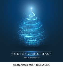 Merry Christmas, Happy Holidays Card - Christmas Tree Shape Made from Bright Spiralling Light on a Dark Blue Background