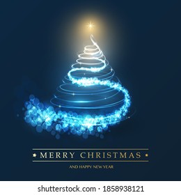 Merry Christmas, Happy Holidays Card - Christmas Tree Shape Made from Bright Spiralling Light on a Dark Blue Background