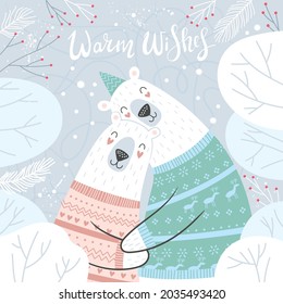 Merry Christmas and Happy Holidays card with cute hugging polar bears. Ideal for print, poster. Vector illustration.