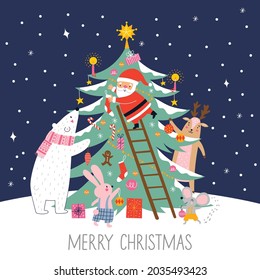 Merry Christmas and Happy Holidays card with cute Santa Claus decorating New Year tree with bear, bunny, mouse and deer. Ideal for print, poster. Vector illustration.