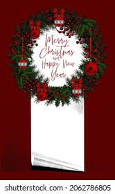Merry Christmas and Happy Holidays card with Christmas wreath. Christmas art template. Vector illustration. 