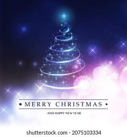 Merry Christmas, Happy Holidays Card - Christmas Tree Shape Made from Bright Spiralling Light on a Dark Blue and Purple Background
