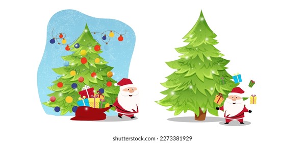 Merry Christmas and Happy Holidays card with cute Santa Claus decorating New Year tree