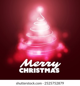 Merry Christmas, Happy Holidays Card - Red, Pink, Purple and White Christmas Tree Shape Made from Bright Spiralling Light - Vector Design on Dark Background