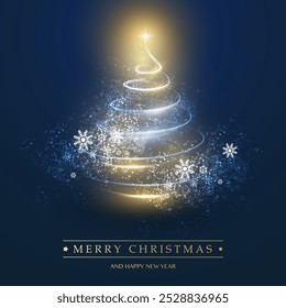 Navidades felices, tarjeta de Días festivos felices - azul, plata, oro y blanco coloreado forma del árbol de navidad hecha de luz brillante en espiral - diseño de Vector sobre fondo oscuro