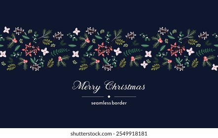 Plantilla de la tarjeta de las Navidades felices y de los Días festivos felices con las flores del año Nuevo, bayas, ramas, artículos del follaje en diseño azul del fondo. Plantilla Horizontal del Vector artístico universal moderno festivo