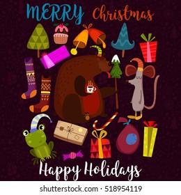 Merry Christmas and Happy Holidays card with bear,mouse, frog and holiday symbols. Stylish holiday set in cartoon style.