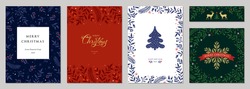 Merry Christmas And Happy Holidays Cards With New Year Tree, Reindeers, Snowflakes, Floral Frames And Backgrounds Design. Modern Universal Artistic Templates. Vector Illustration.
