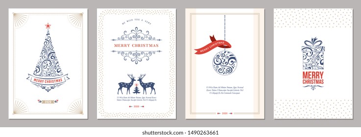 Merry Christmas and Happy Holidays cards set with New Year tree, reindeers, gift box, ornaments and typographic design. Vector illustration.