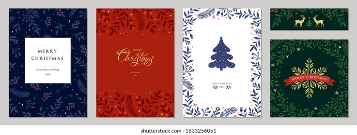 Merry Christmas   Happy Holidays cards and New Year tree  reindeers  snowflakes  floral frames   backgrounds design  Modern universal artistic templates  Vector illustration 