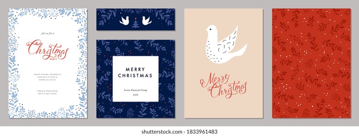 Merry Christmas and Happy Holidays cards with Dove, floral frames and backgrounds. Modern universal artistic templates. Vector illustration.
