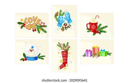 Merry Christmas and Happy Holidays Cards with Fir Tree Branch and Gifts Vector Set