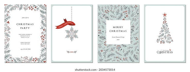 Merry Christmas and Happy Holidays cards with New Year tree, snowflake, floral frames and backgrounds. Ornate modern universal artistic templates. 