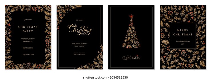 Merry Christmas And Happy Holidays Cards With New Year Tree, Floral Frames And Backgrounds Design. Modern Versatile Artistic Templates. 