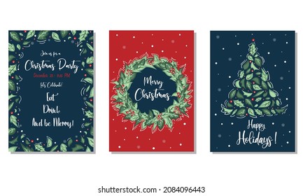 Merry Christmas and Happy Holidays cards with New Year tree, snowflake, floral frames and backgrounds. Ornate modern universal artistic templates hand made.