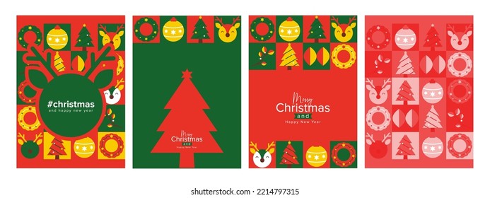 Merry Christmas and Happy Holidays cards with New Year tree. Modern geometric universal artistic templates. Vector illustration.