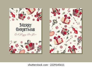 Merry Christmas and Happy Holidays cards with New Year tree, reindeers, snowflakes and backgrounds design. Modern universal artistic templates. Vector illustration.