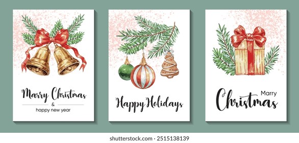 Merry Christmas and Happy Holidays cards collection with Christmas bells, present, balls, cookies and branch. Universal watercolor artistic templates. Hand painted watercolor background.