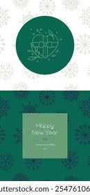 Merry Christmas and Happy Holidays cards with New Year gifts, presents, seamless snowflakes pattern, backgrounds design. Modern universal artistic templates. Vector contour illustrations